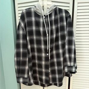 SHEIN Black and Gray Plaid Hooded Button-Up Shirt Jacket
